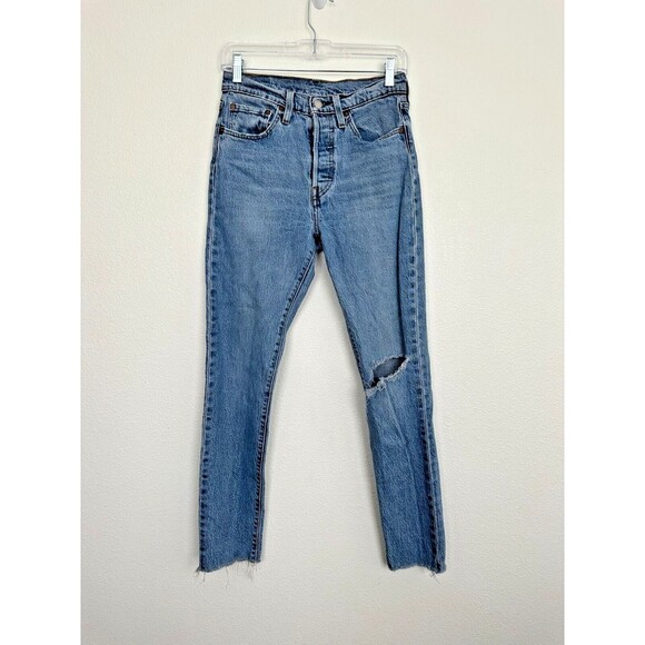 Levi's 501 S Button Fly Jeans Medium Wash Distressed Frayed Hem 27x30 Waist 27 - Picture 1 of 7